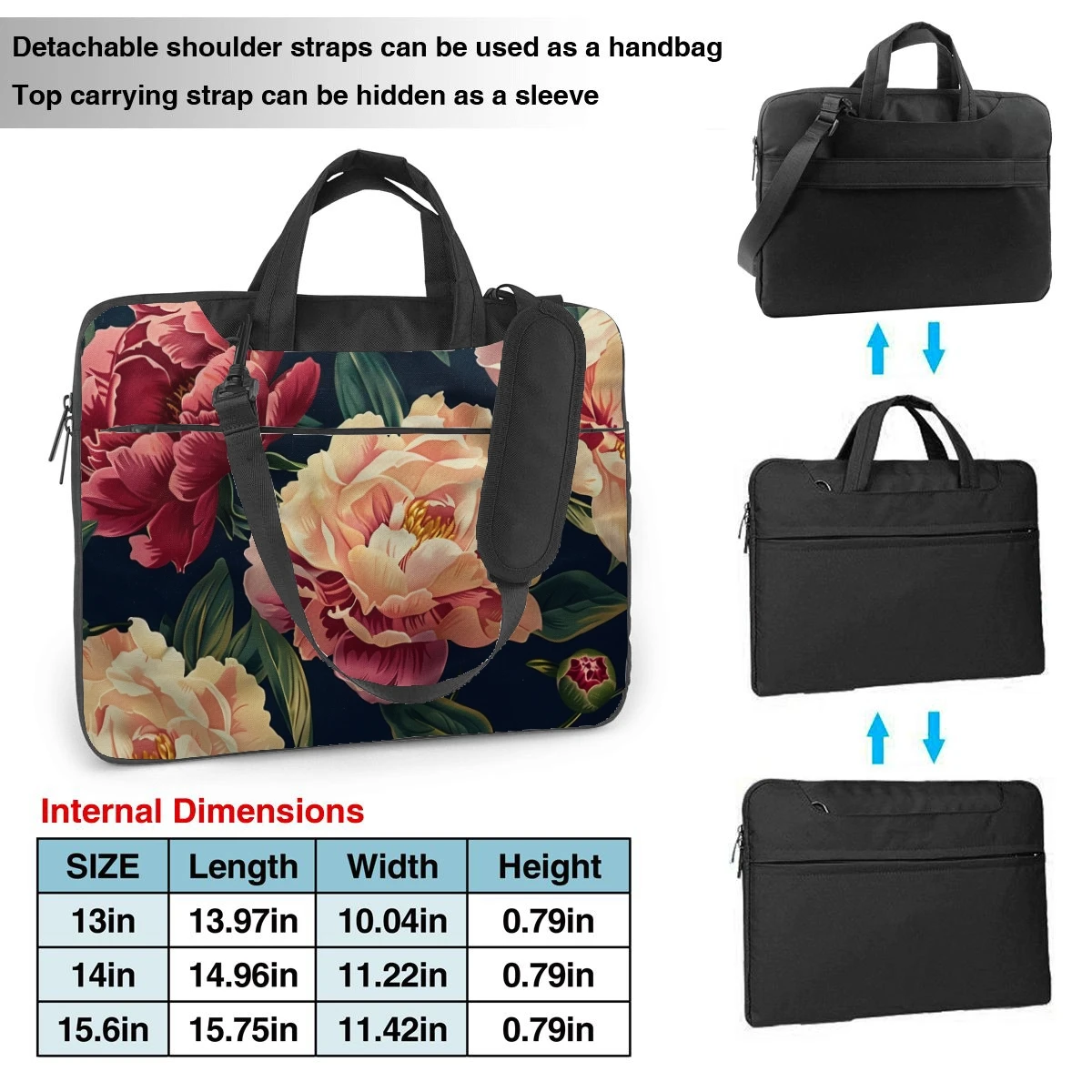 Sacoche pour ordinateur portable pivoines en fleurs, motif imprimé, mallette ultra-mince, sac à bandoulière portable, 13, 14, 15,6 pouces, mode