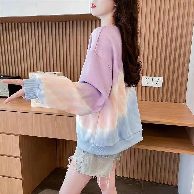 التعادل صبغ التدرج الإناث البلوز الأعلى لطيف اللون 90s خمر الكورية موضة البلوز الأساسية الجولة الرقبة المرأة بلوزات