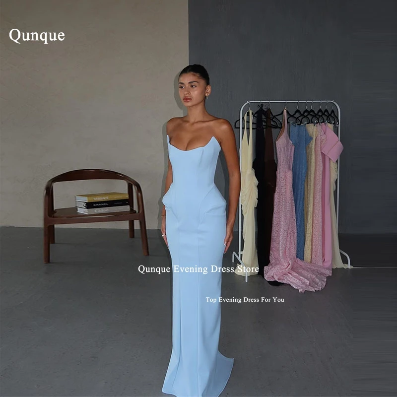 

Qunque Sky Blue Evening Dresses Strapless Vintage Formal Occasion Dresses With Train Long Mermaid Vestidos De Fiesta Customized