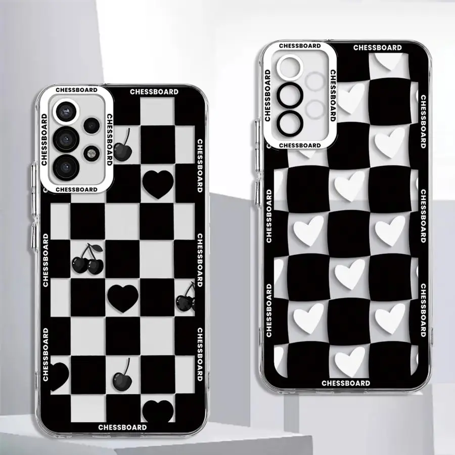 Love Cherry Black White Grid Cover Case for Samsung Galaxy A35 A55A53 A54 A73 A34 A33 A25 A24 A13 A14 A15 Clear Soft Shell