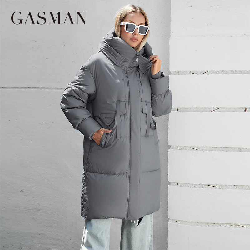 GASMAN 2024 Women down Jacket Long Classic zipper design Big Pocket Stand Collar Hooded Slim coat Women Parkas 88611