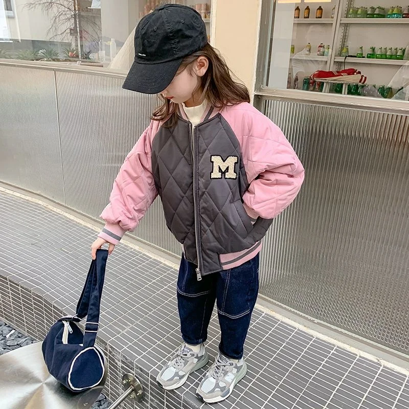 Girls\' Baseball Jacket Spring Autumn 2023 New Bomber Suit Children\'s Clothes Thickened Cotton Korean Contrast Color Casual Coat