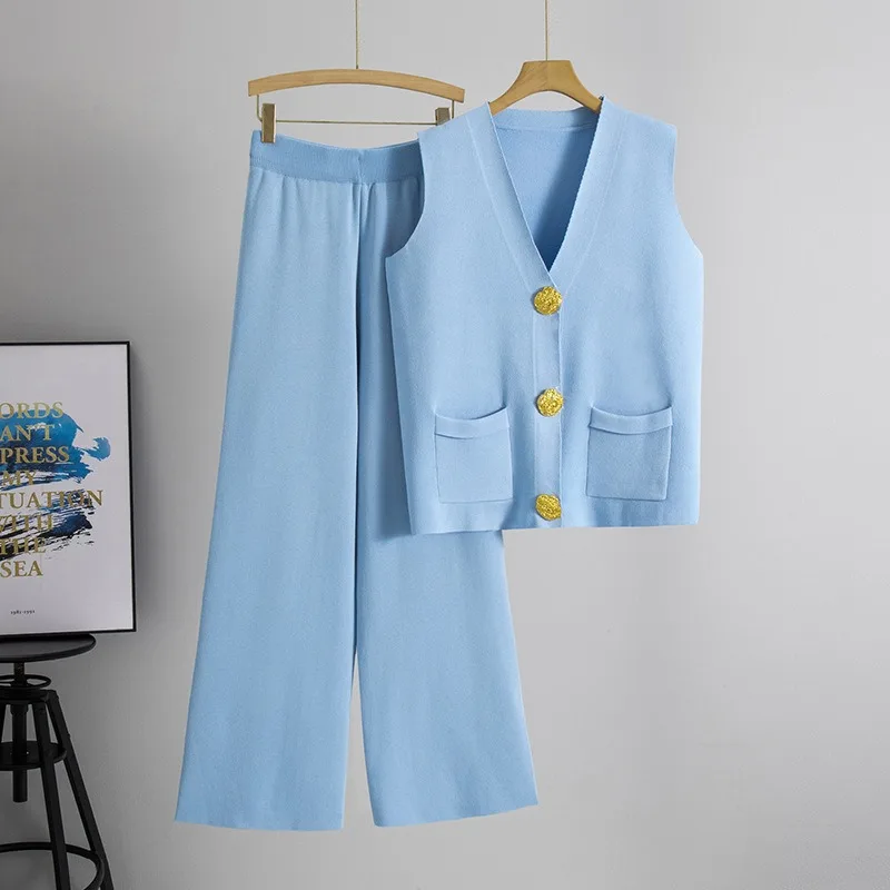 

Новая летняя мода, вязаный жилет из двух предметов с большими пуговицами и v-образным вырезом, повседневные длинные брюки, вязаный костюм, персонализированный комплект из двух предметов Grace