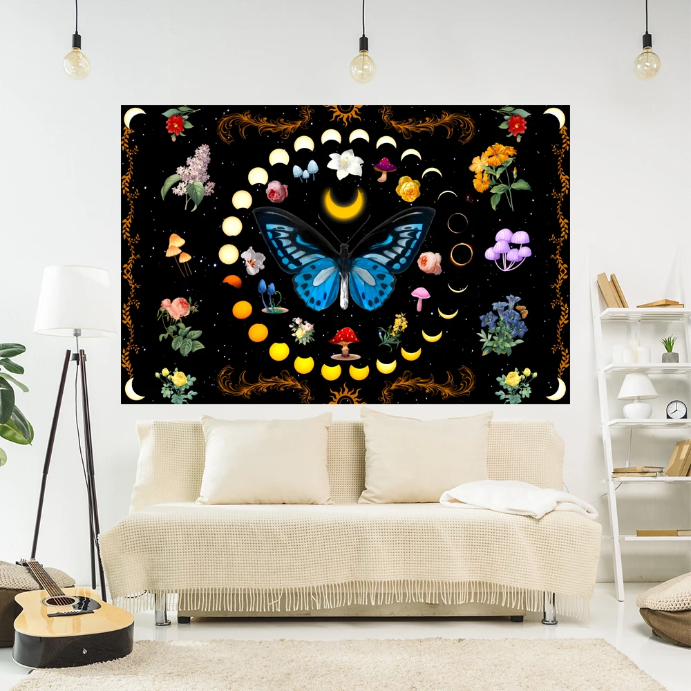 

XxDeco Mandala Moon Phase Tapestry Psychedelic Butterfly Mushroom Printed Home Decor Covering Carpets Wall Hanging Dorm Decor