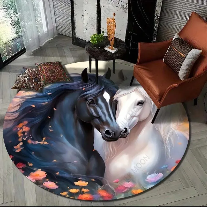Schwarz-weißes Pferdepaar, floraler runder Teppich, Bodenmatte, Türmatte, Eingangsmatte für Wohnzimmer, Spielzimmer, Heimdekoration