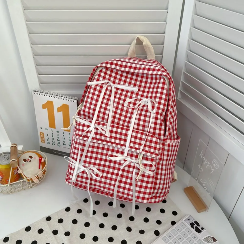 

New Ribbon Bow Students Backpack Y2k Plaid School Bag Large Capacity College Backpack Students