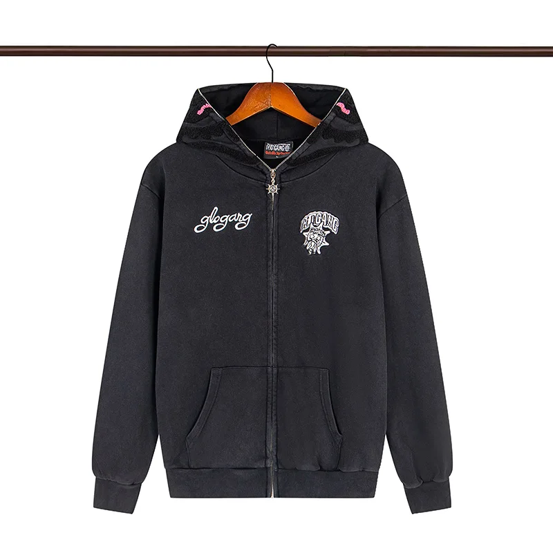 Men Women Unisex High Street Vintage Washed Black Full Zip Hooded Coats Classic Flocking Embroidery Logo Glo Gang Zipper Hoodie