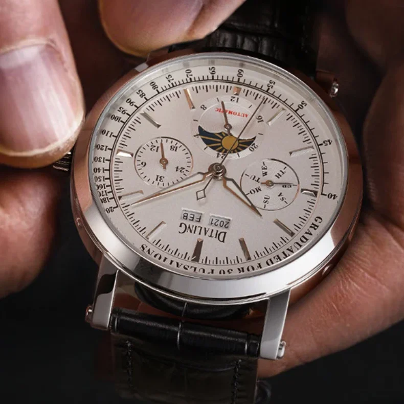 DITALING Men Automatic Watch 43mm Mechanical Wristwatch Waterproof Sapphire Mirror Luminous Multi-Dials Year Month Week Date