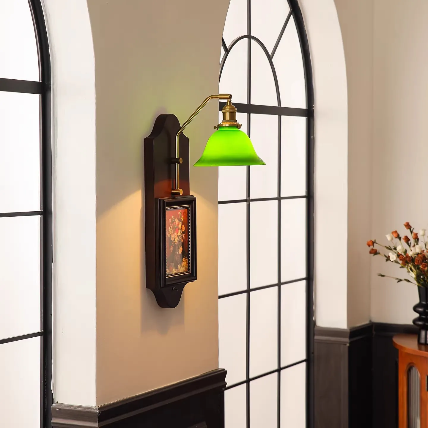 Bedroom bedside wall lamp with switch retro green solid wood decorative painting living room background wall porch light