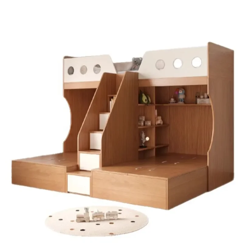 Solid Wood Triple Bunk Bed with Ladder Cabinet Bookshelf Storage for Kids Room Space Saving Design