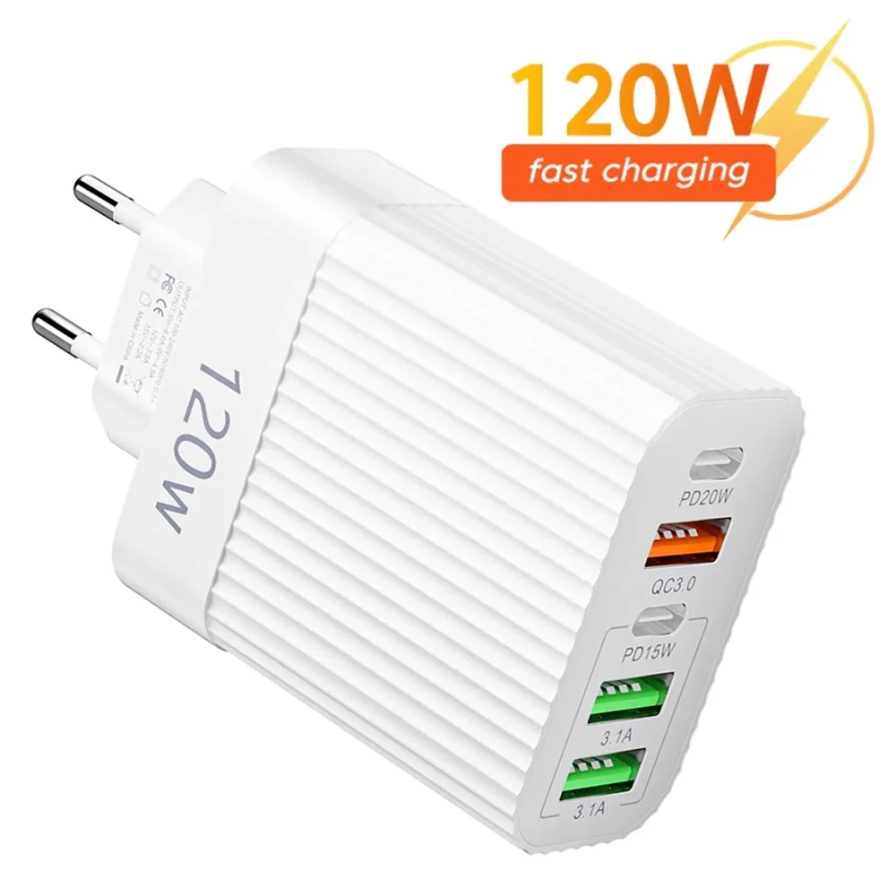 Total 120W USB Fast Charging 5 Ports Quick Charger 3.0 Mobile Phone Adapter For iPhone 15 Pro Samsung Xiaomi Huawei Wall Charger