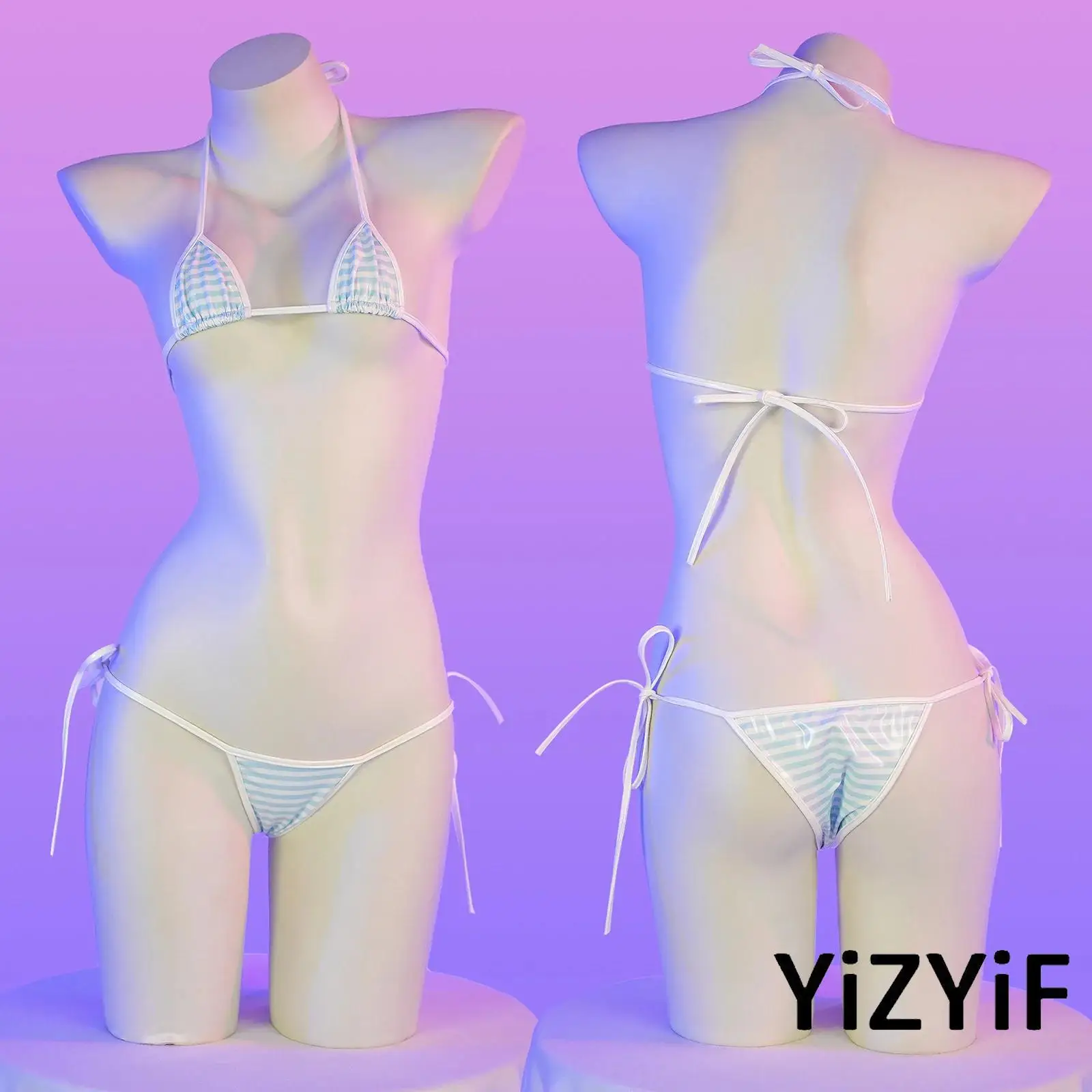 

Sexy Womens PU Leather Thong Briefs Suit Lace-up Summer Lingerie Set Mini Bikini Bathing Suit Kawaii Cosplay Halter Bra Top