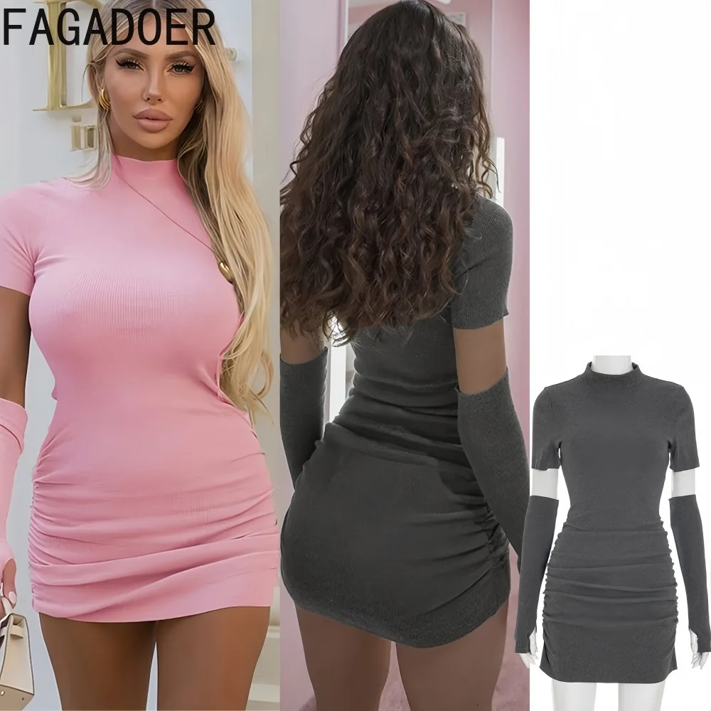 

FAGADOER Sexy Ribbing Bodycon Mini Dresses Women Solid Color Short Sleeve Ruched Patchwork Dress Female Party Club Vestidos New