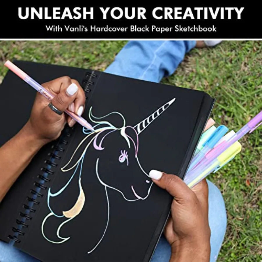 Quaderno per schizzi in carta nera con copertina rigida e confezione da 12 penne gel a sfera Set 2 penne bianche e 10 colorate per disegnare schizzi e jou