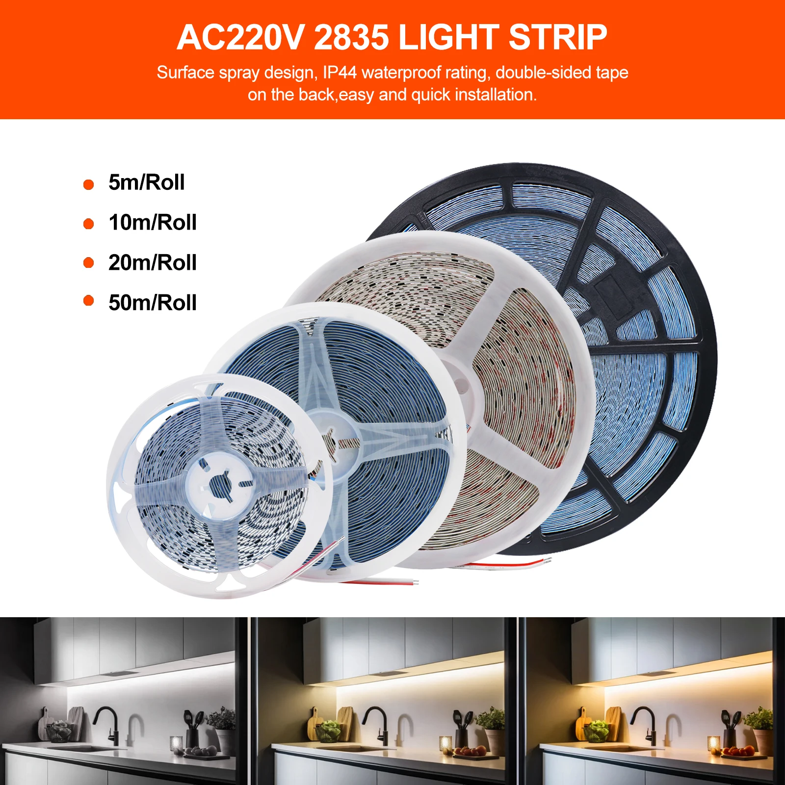 5M 10M 20M 50M AC220V LED Strip Light 2835 120LEDs 8mm Width Flexible Home Lamp With Adhesive Tape Led Light Warm/Natural/White