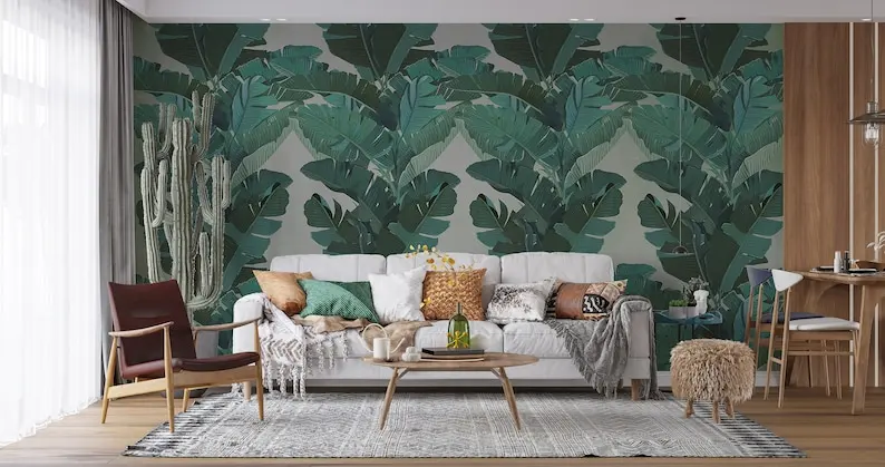 Customizable Tropical Banana Leaves Wallpaper, Green Banana Tree Bedroom, Living Room Modern, Removable Mural, Big Leafs Self Ad