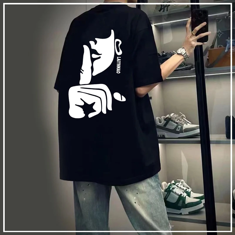 

2024 New Summer American Retro Hip-hop High Street Fashion Round Neck Personalized Print Loose Casual Short Sleeved T-shirt