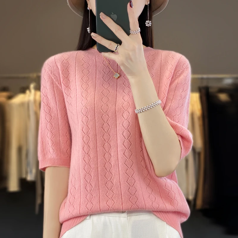 Spring and autumn new women\'s sweater cashmere knitted 100% pure merino wool solid color O-neck short sleeve T-shirt.