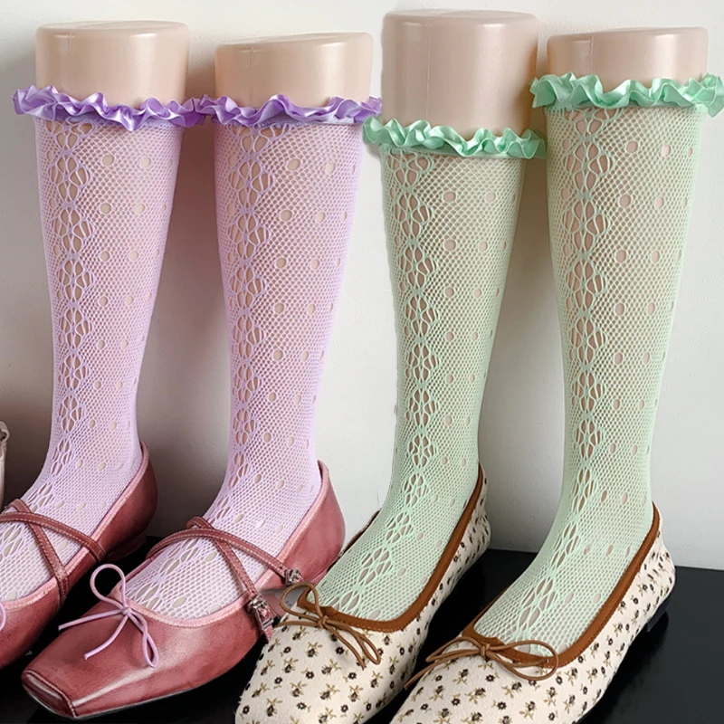 Women Stockings Korean Solid Color Dopamine Sweet Sexy Fashion Simple Versatile Lace Hollow Lolita JK Pile Calf Socks for Girls