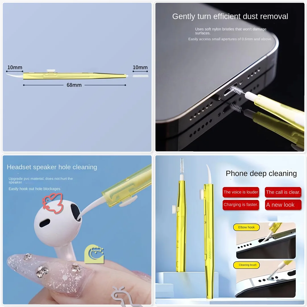 Phone Speaker Charging Port Cleaning Set Earphones Clean Kit Brush Dust Plug Retractable Double Head Camping Gear Tool