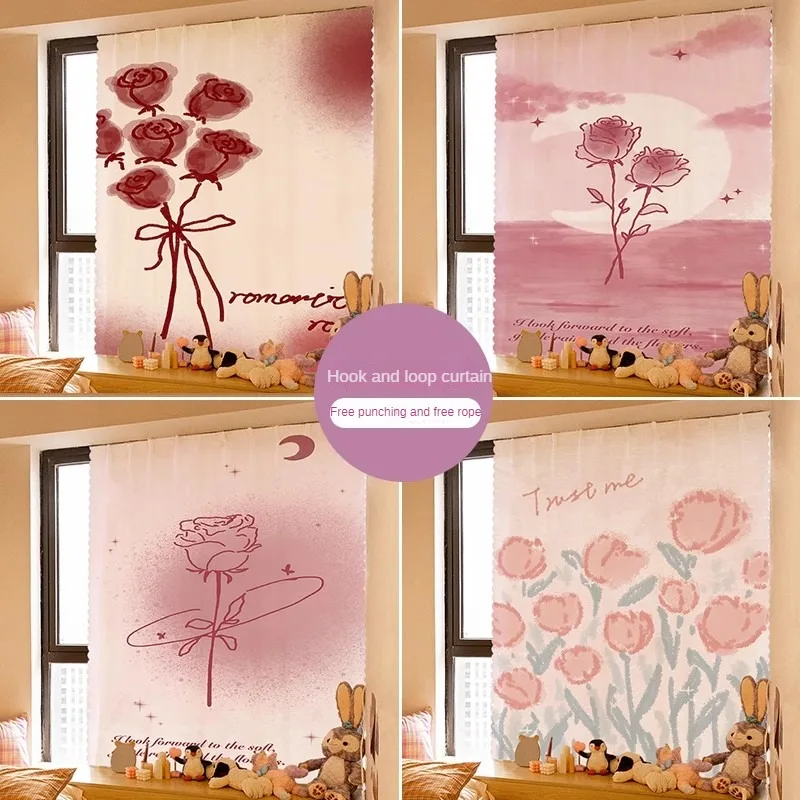 

Artistic Hand-painted Rose Pasting Curtains Installation Without Punching Bedroom Shading Partition Dust Prevention Curtains