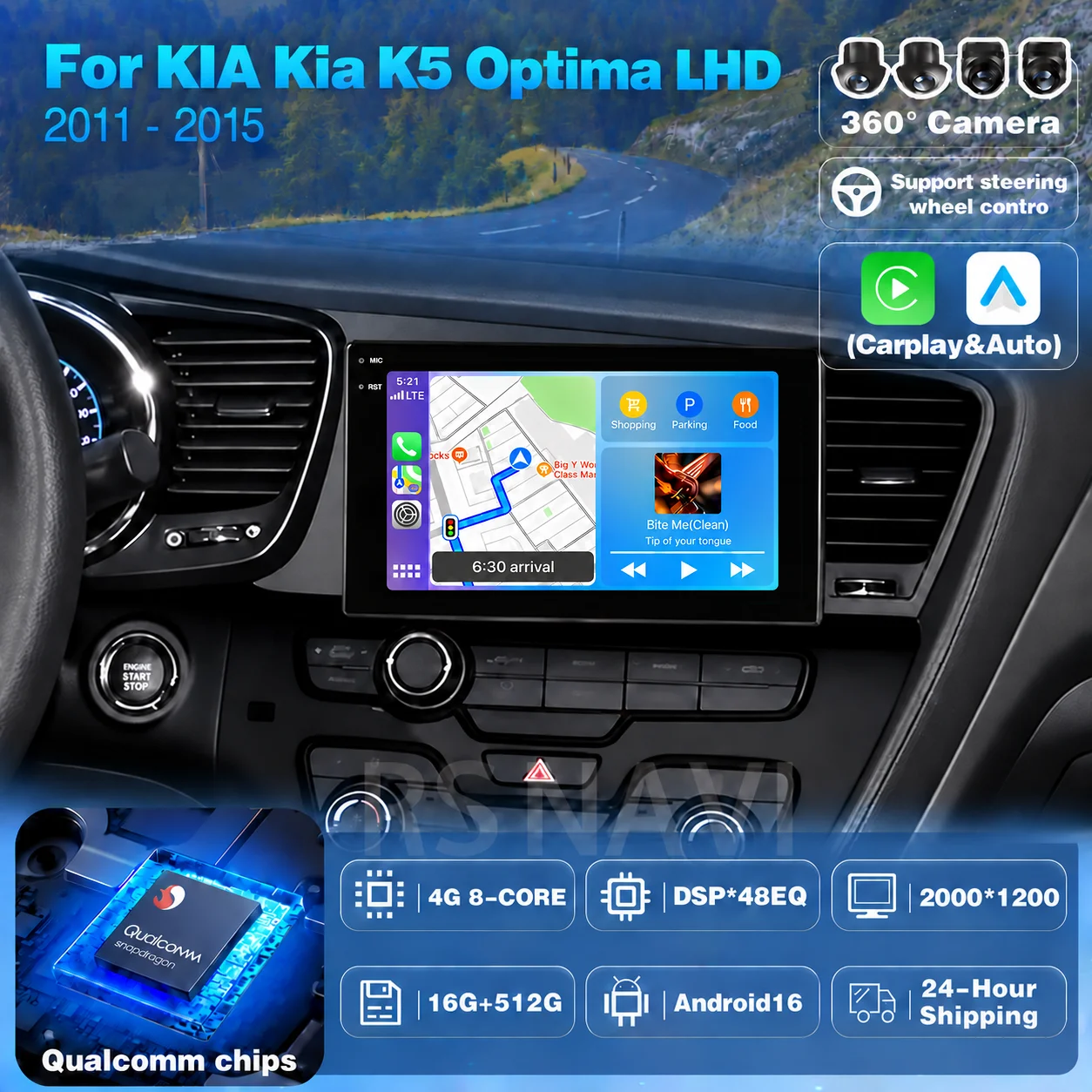 Plug and Play Android 16 Carplay Auto Qualcomm Screen Car Radio Player for KIA K5 Optima 2011 - 2015 GPS Stereo Wifi+4G DSP