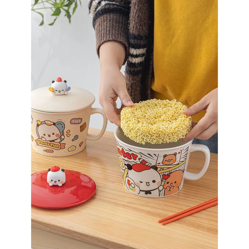 

Cartoon Bubu And Dudu Instant Noodle Bowl With Lid And Handle Student Dormitory Cute Panda Ceramic Bowls Canteen Rice Soup Bowl