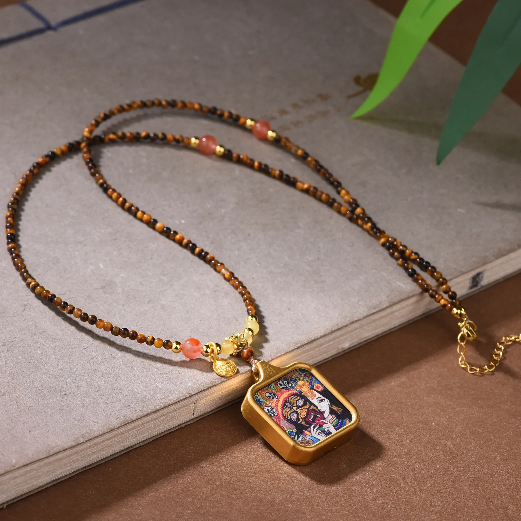 Vintage Natural Tiger Eye Stone Hand Woven Rope Tibetan Thangka Amulet Long Sweater Chain Niche Luxury Women Jewelry Gift