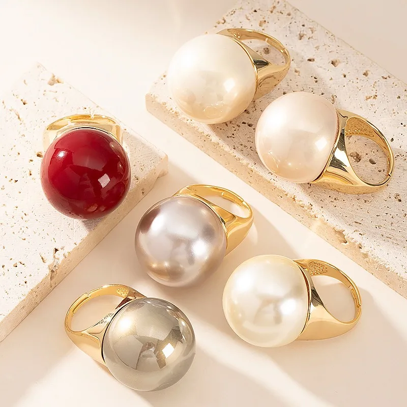 

Exaggerated Geometry Round Color Artificial Pearl Open Adjustable Large Metal Rings Fashion Style Jewelry Accessories For Women