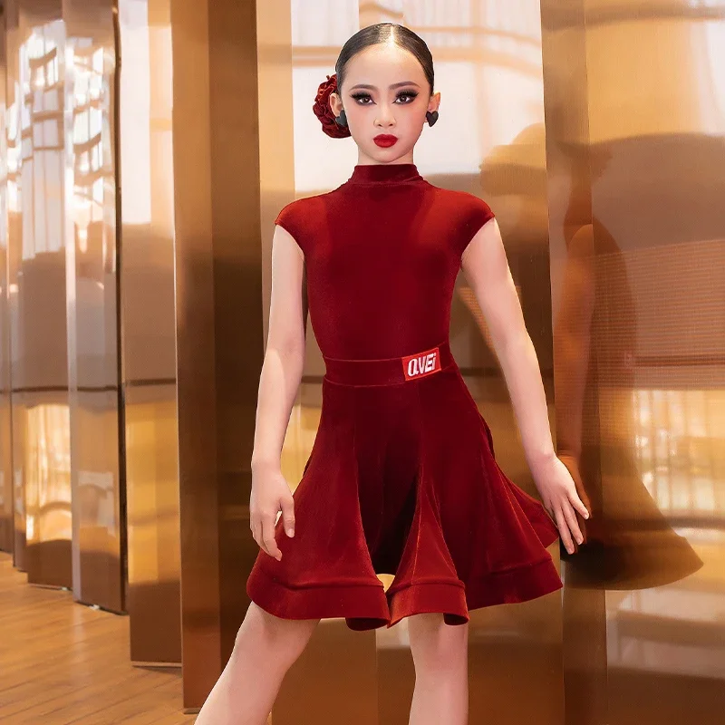 

Kids Performance Dancing Dresses Girls Short Sleeved Latin Dance Dress Children Ballroom Dance Competition Costume