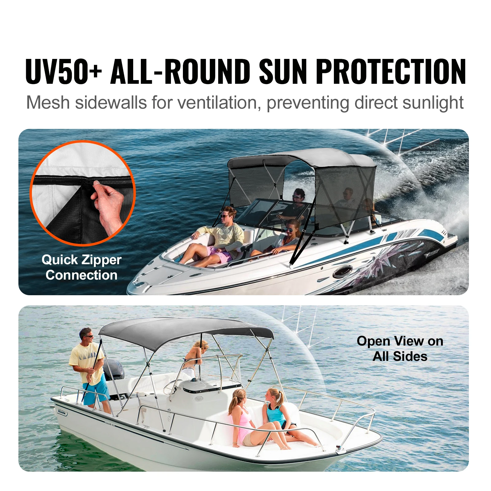 SucceBuy 3 Bow Bimini Top Boat Cover, Detachable Mesh Sidewalls, 600D Polyester Canopy with 1\