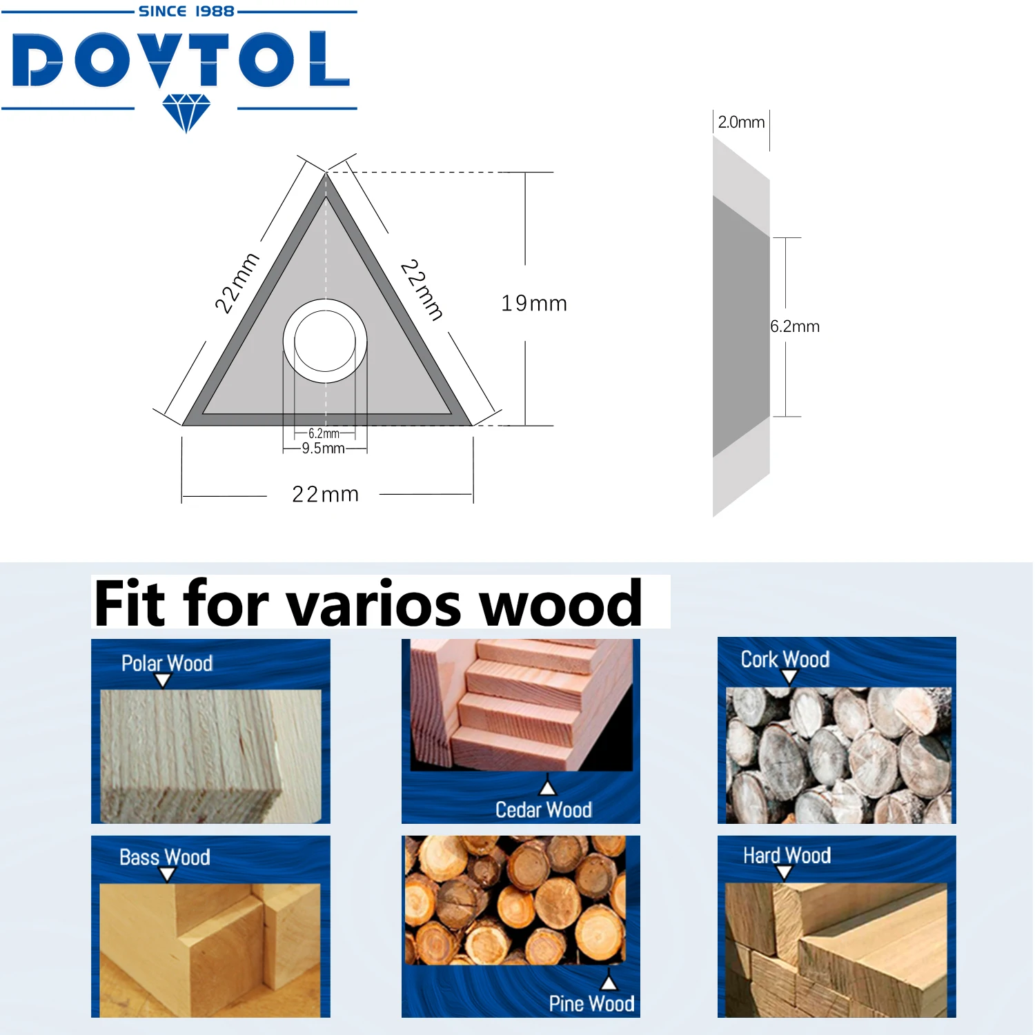 22x19x2.0mm Carbide Inserts Cutter Blades 10pcs 3Edges Woodworking Surfacing Groove Helical Planer Cutter Heads