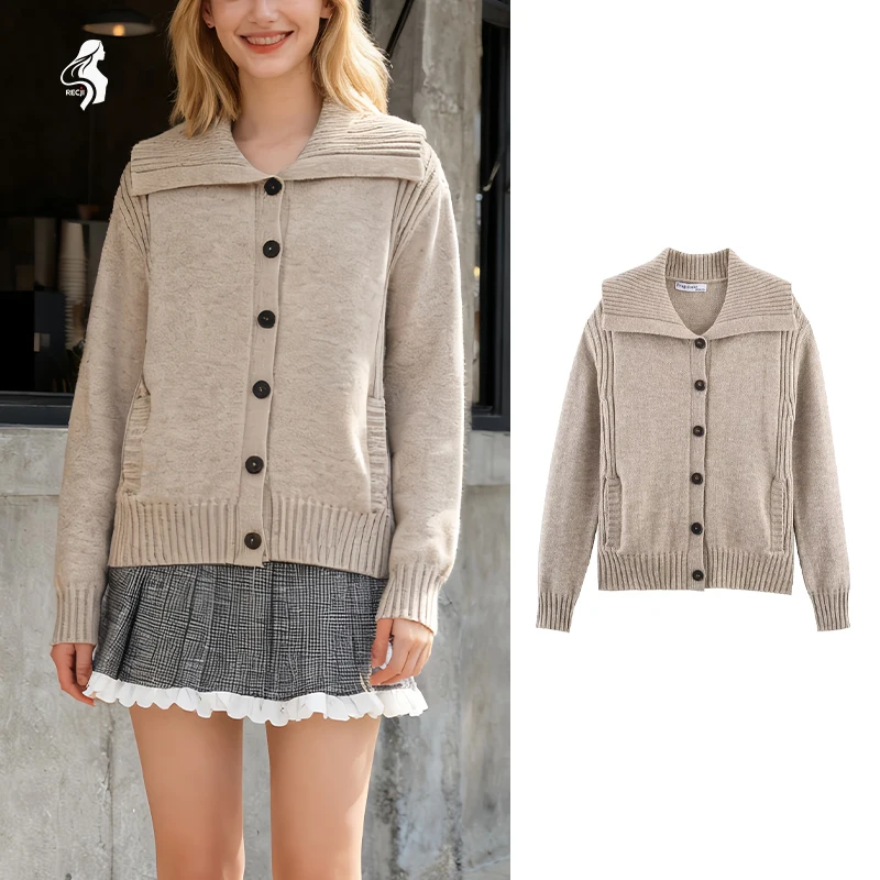 

Womens Jacket With Ribbed Trim Large Turn Down Collar Single Breasted Knit Cardigan Essential Versatile Autumn And Winter Piece