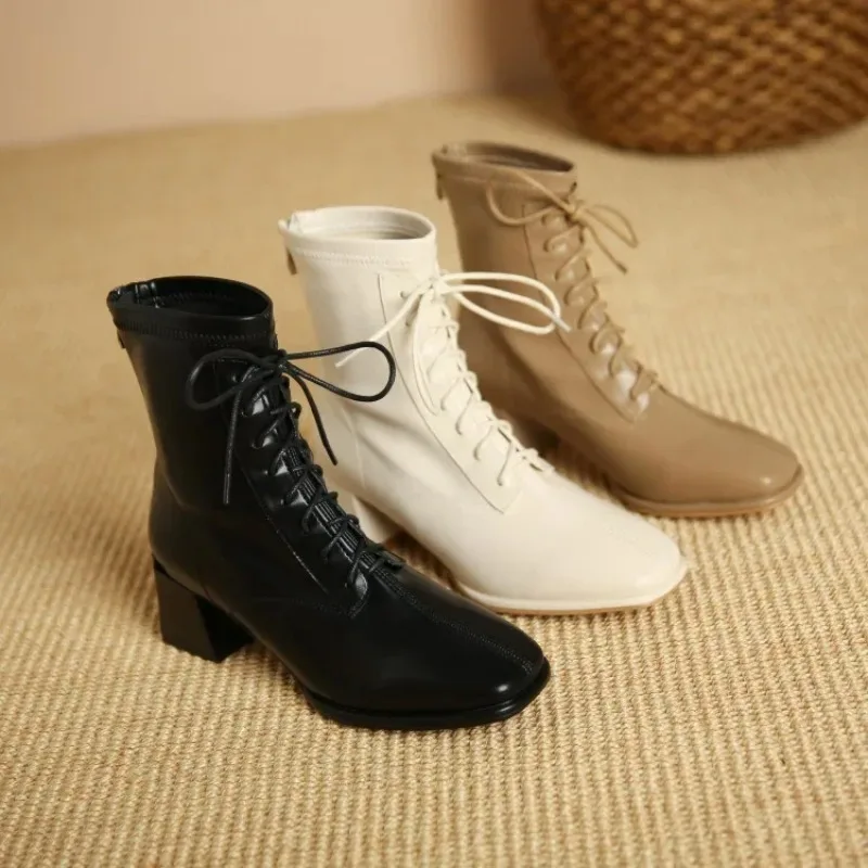 Winter High Heel Women\'s Ankle Boots  Fashion Lace Up Short Boots Women\'s Thick High Heel Side Zipper Botas De Mujer 2024