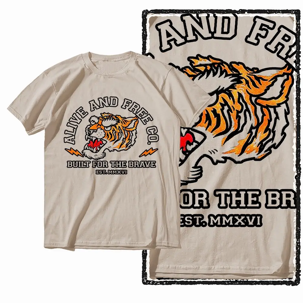 G41 Beige Vintage Cotton Tiger Printed Men's T-shirt | Streetwear Big Size Cool O-neck Men's Tee Tshirt 2026