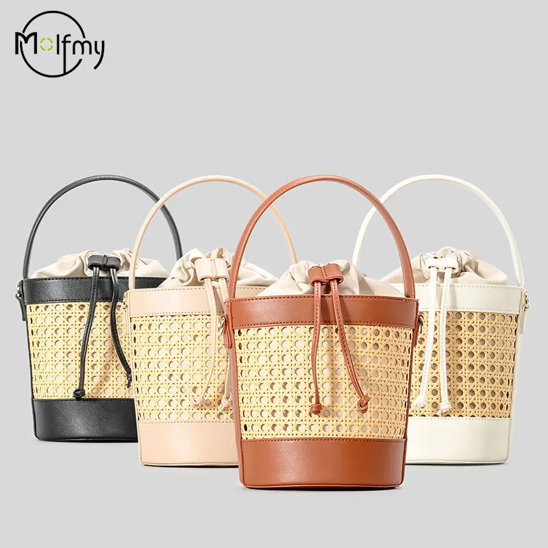 Hollow Bucket Bag Summer Beach Bag Imation Wicker Drawstring Woven Handbags Luxury Pu Leather Shoulder Crossbody Bags Vacation