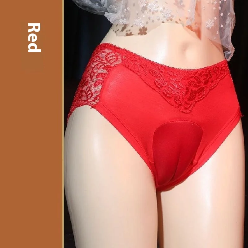 Men Dress Up Women Pseudo-Girl Hidden Egg Lace Zipper Drag Panties Camel Toe Pseudo Fake Abalone Panties Boy Lady Underwear