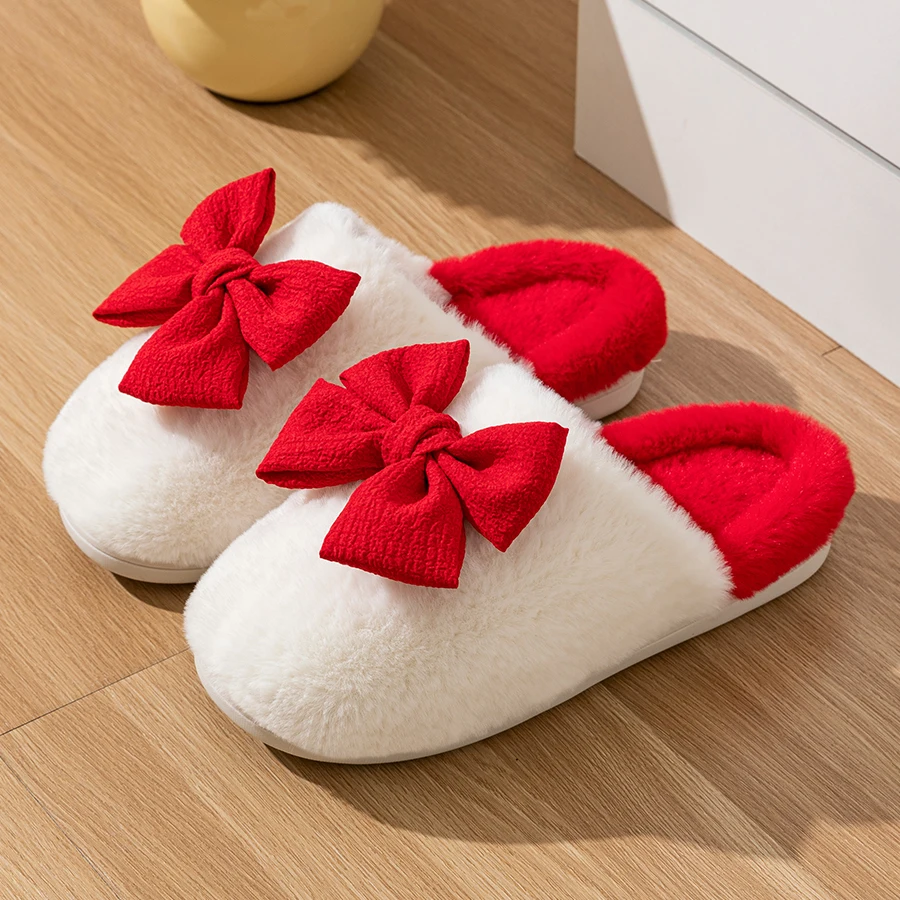 Fashion Cute Bow Women Slippers Winter Indoor Anti-slip Soft Sole Warm Festive Causal Comfortable Flat Cotton Shoes