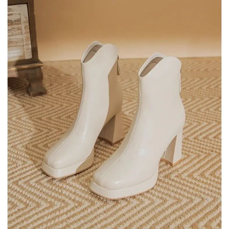 

White Square Toe Women's Chelsea Boots Chunky Heels Short Booties 2025 New Autumn