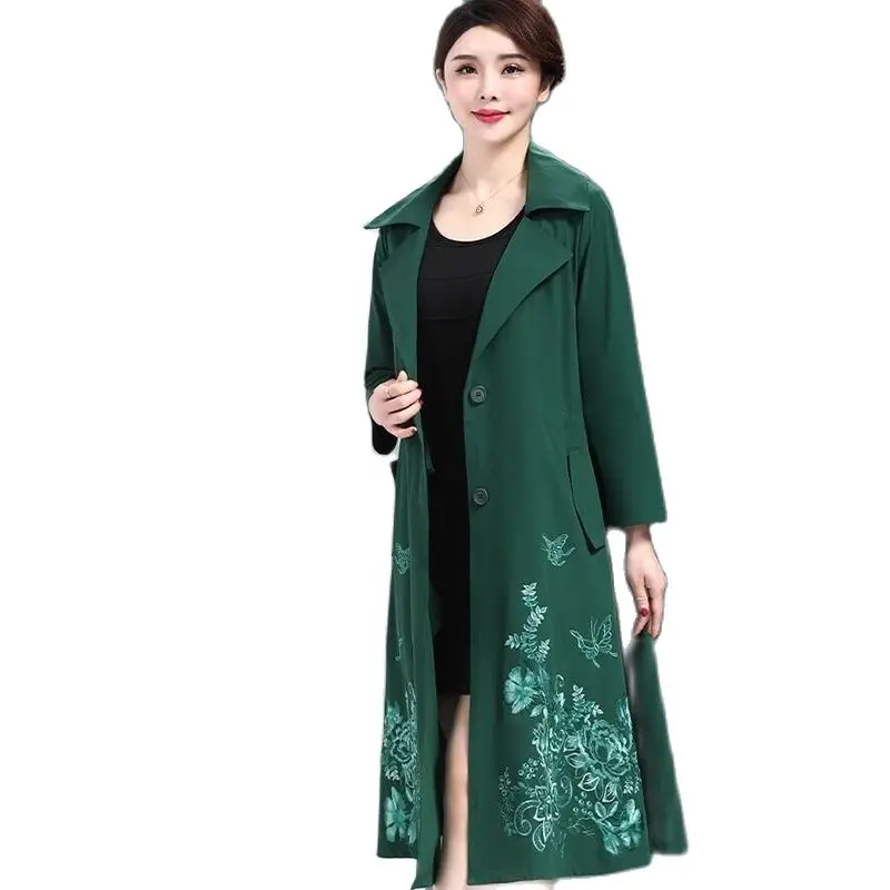 

Casual Embroidery Solid Color Long-sleeved Windbreaker Women's Spring And Autumn New Temperament Loose Slim Mid-length CoatLady