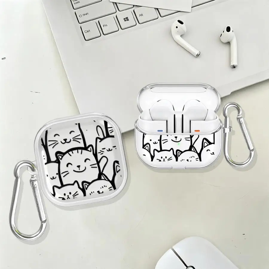 Line Art Cat Pattern Print Clear Earphone Cases Cover With Hook Case For Samsung Galaxy Buds 2Pro 3Pro 2 4 Pro Live 4Pro 3 FE