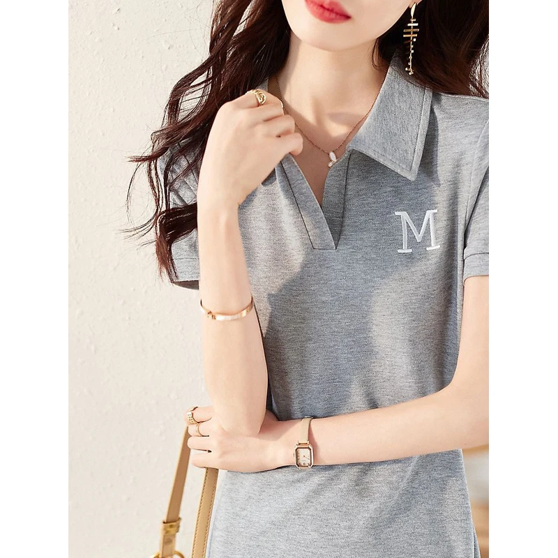 2023 Summer Trendy Gray Letter Embroidery Dresses for Women Y2K Simple Casual Polo Collar Short Sleeve Cotton T Shirt Midi Dress