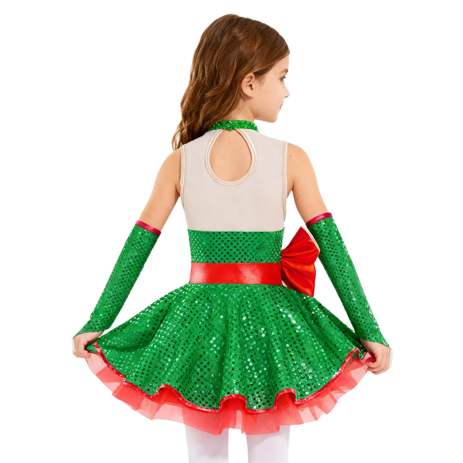 Teen Girls Christmas Sleeveless Candy Cane Striped Ballet Dance Tutu Dress with Sleeves Xmas New Year Carnival Santa Elf Costume view 2