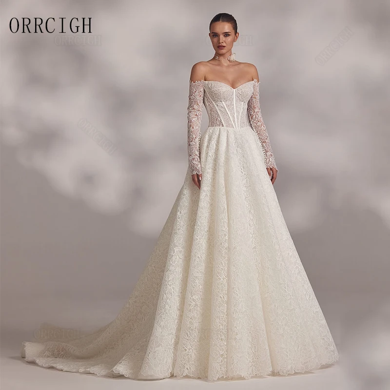 Elegant Lace Wedding Dresses for Women Strapless Long Sleeve Bridal Gown Sweep Train Solid Robe de mariée