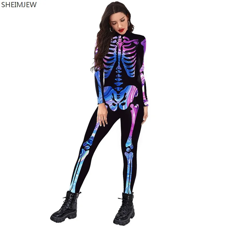 

3D Printed Fluorescent Skull Rack Halloween Cosplay Costume Sexy Jumpsuit Bodysuit Adult Carnival Party Clothing S-XL Monos Muje