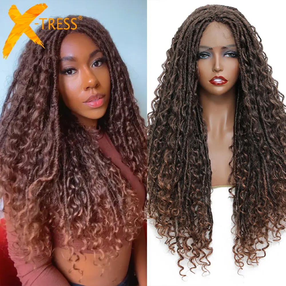 

Goddess Faux Locs Wigs Long Braided Lace Front Synthetic Braids Wig Bohemian Curly Hair Crochet Braids Dreadlock Wig for Women