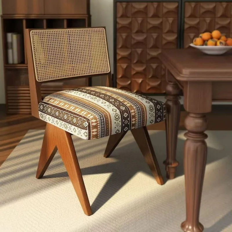 Medieval style solid wood dining chair household living room soft bag rattan dining table and chairs