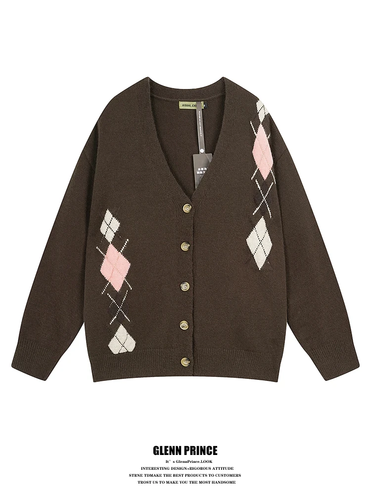 

Мужской вязаный свитер-кардиган GPstudio в стиле ретро с V-образным вырезом, цветным ромбовидным узором и эффектом монет, повседневная зимняя верхняя одежда