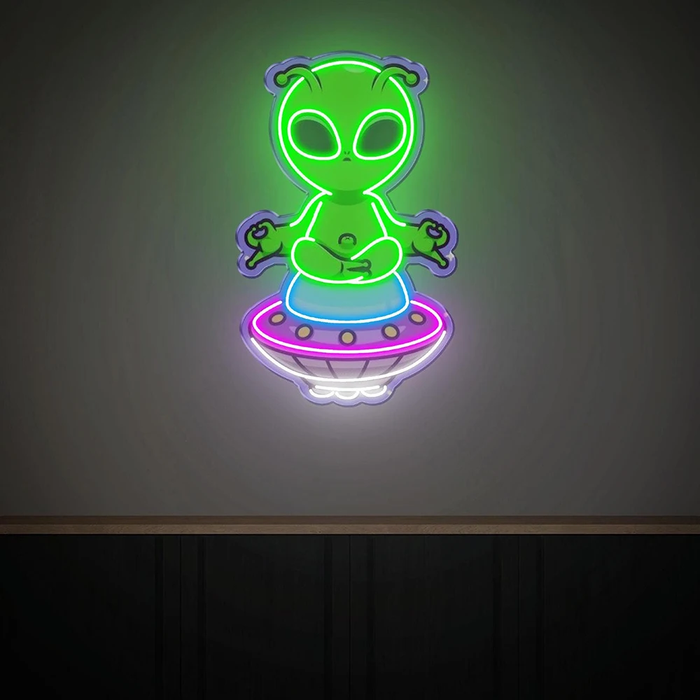 UFO Alien Neon Sign UV Printing Acrylic Sign Handmade Bedroom Game Room Wall Decor Neon Light Kids Room Decor Personalized Gifts