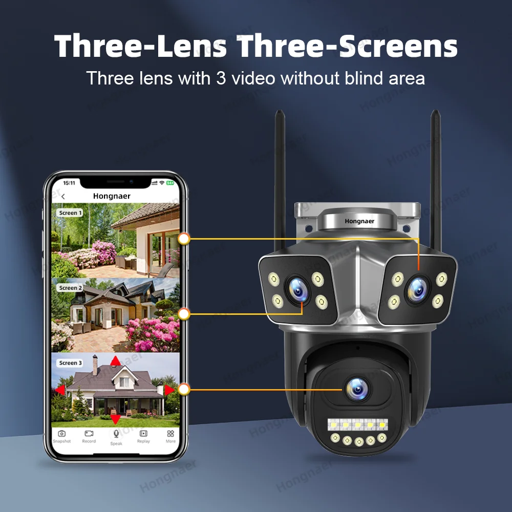 Hongnaer 12MP 6K Three Lens V380 Pro Night Vision Waterproof Outdoor PTZ IP CCTV WiFi Home Security Wireless Camera
